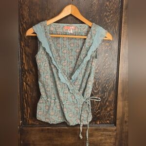 Anthropologie Lux Blue/Sage/Pink Floral Wrap Blouse Sz XS